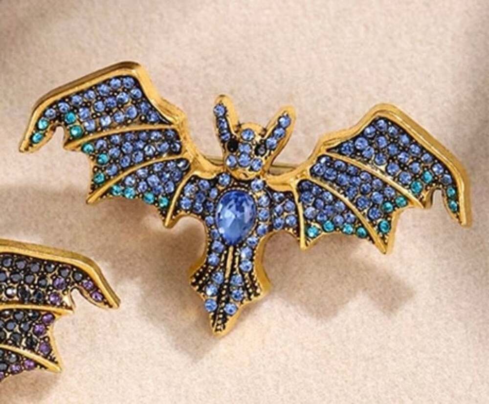 Vintage Crystal Rhinestone Bat Brooch Pin Gold Tone Gothic Halloween